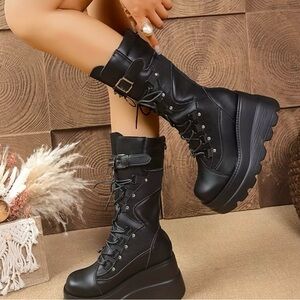 Black Platform Lace-Up Combat Boots - Women